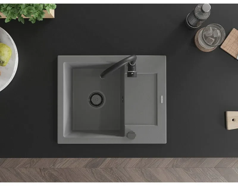 Mexen Enzo, granitový drez 576x465x174 mm, 1-komorový, šedá s čiernym sifónom, 6506571005-71-B