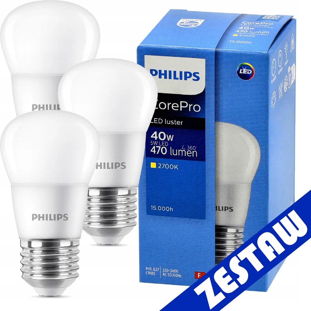 SADA 3x Philips LED žiarovka E27 5W 470lm 2700K EyeComfort CorePro P45