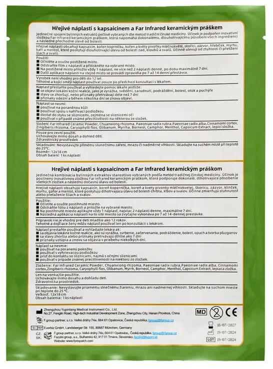 Hrejivá náplasť s kapsaicínom a Far Infrared keramickým práškom 12x18cm