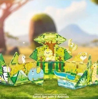 PicassoTiles magnetická stavebnicová sada SafariSet s 8 zvieratkami