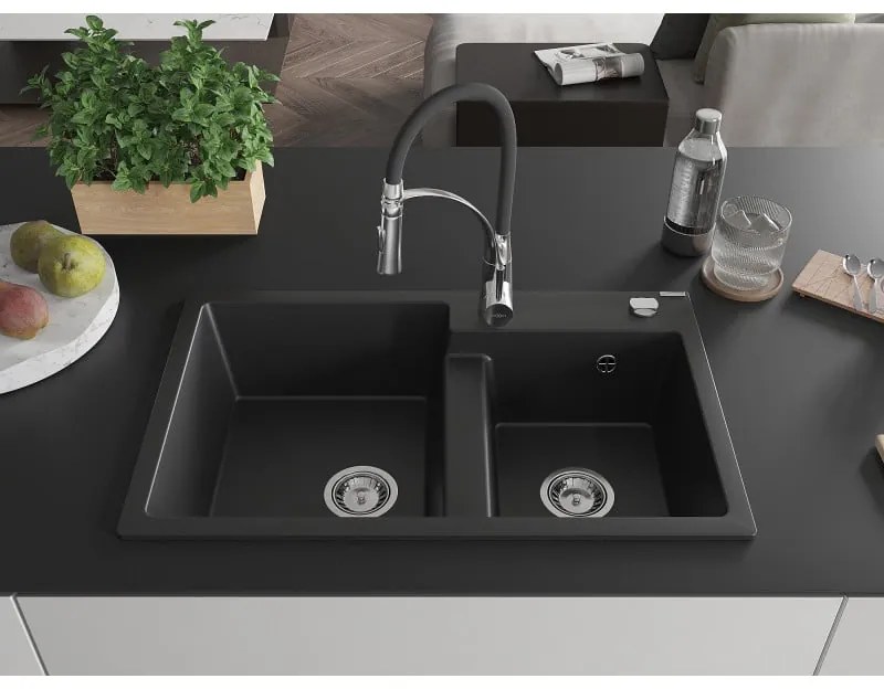 Mexen Tomas, 2-komorový granitový drez 800x500x190 mm a drezová batéria Aster, čierna, 6516-77-73450-07