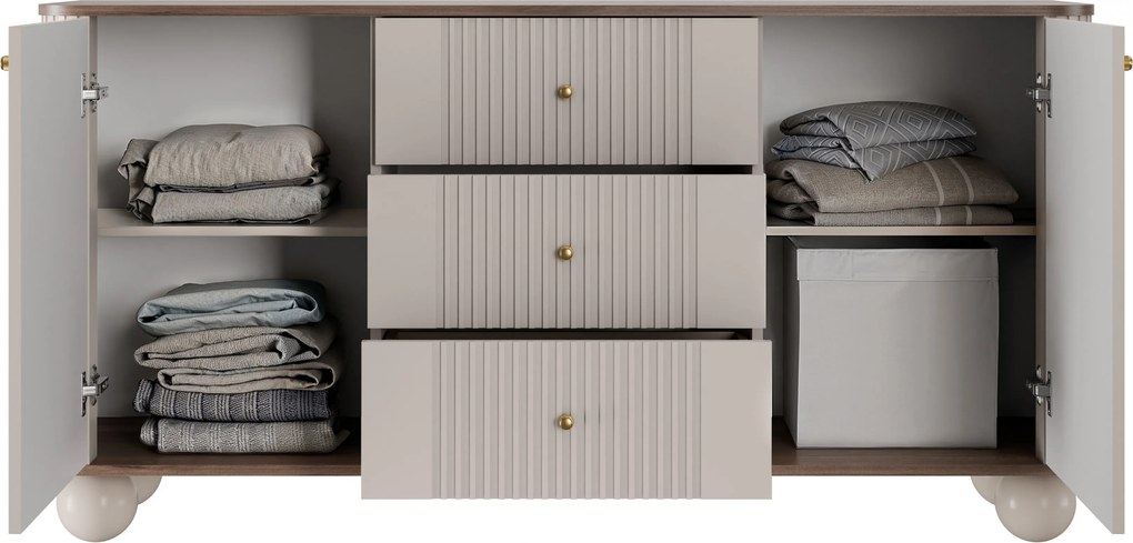 Komoda Vesper 160 cm so zásuvkami na guľatých nohách - kašmír / orech / zlaté úchytky