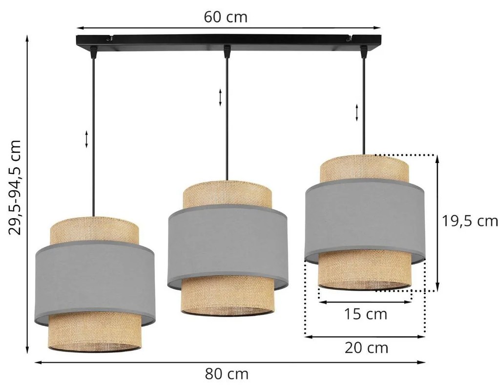 Závesné svietidlo BOHO, 3x jutové/sivé textilné tienidlo