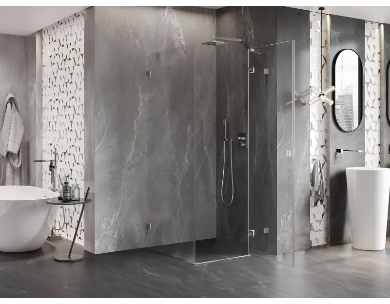 Mexen Lunar, pravostranný výklopný sprchový kút 90 x 90 cm, 8mm číre sklo, oceľový profil, 834-090-090-97-00-P