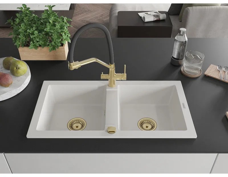Mexen Mario, granitový drez 820x436x161 mm, 2-komorový a drezová batéria Duo, biela, 6504-20-671701-57-G