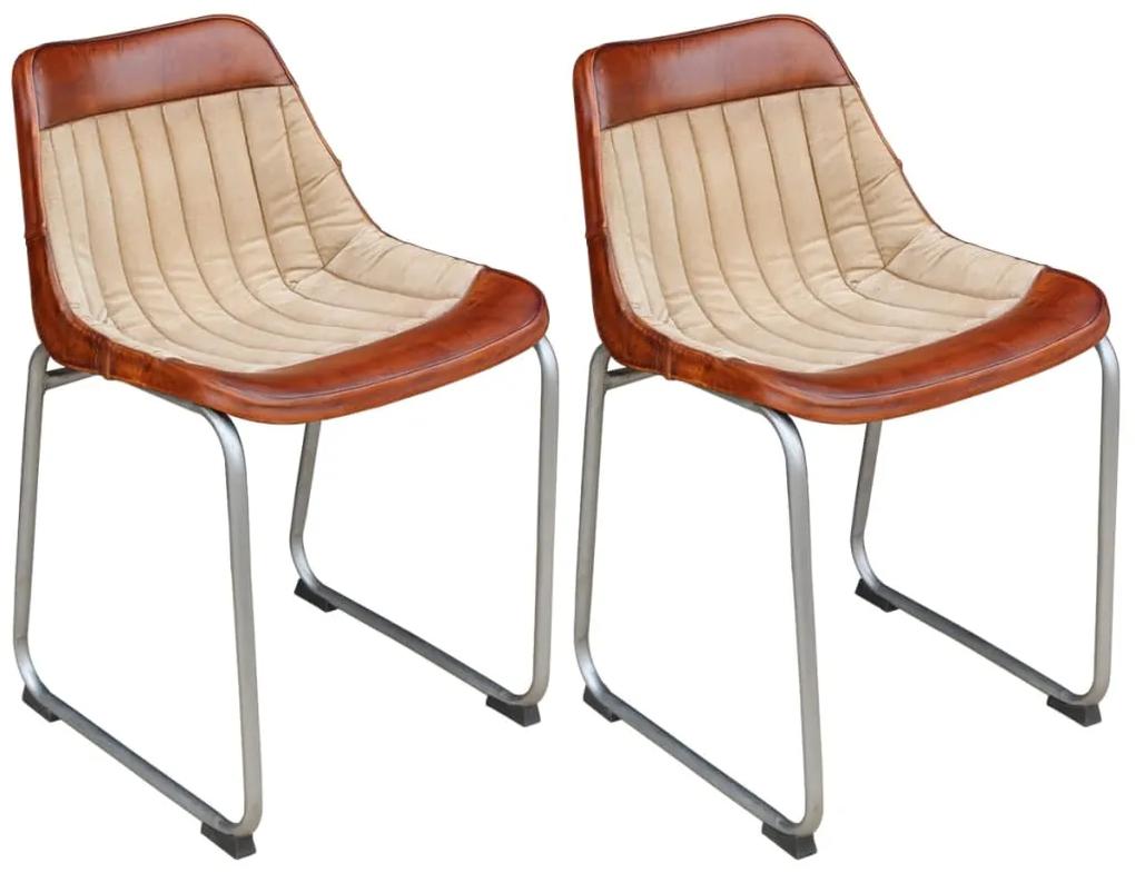 vidaXL Jedálenské stoličky 2 ks, hnedo béžové, pravá koža a plátno