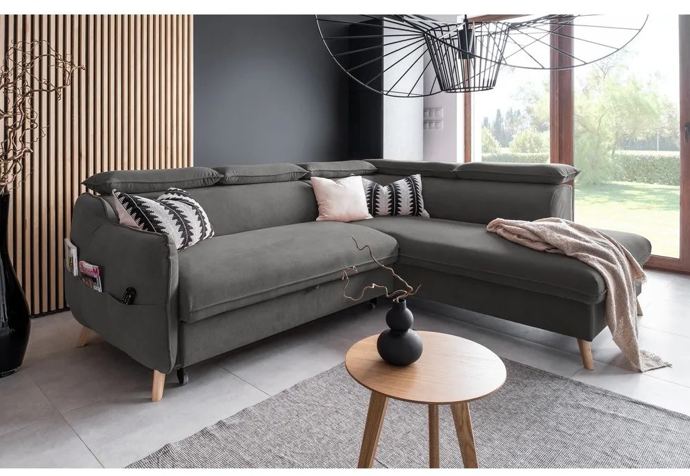 Tmavosivá zamatová rozkladacia rohová pohovka (pravý roh) Sweet Harmony – Miuform