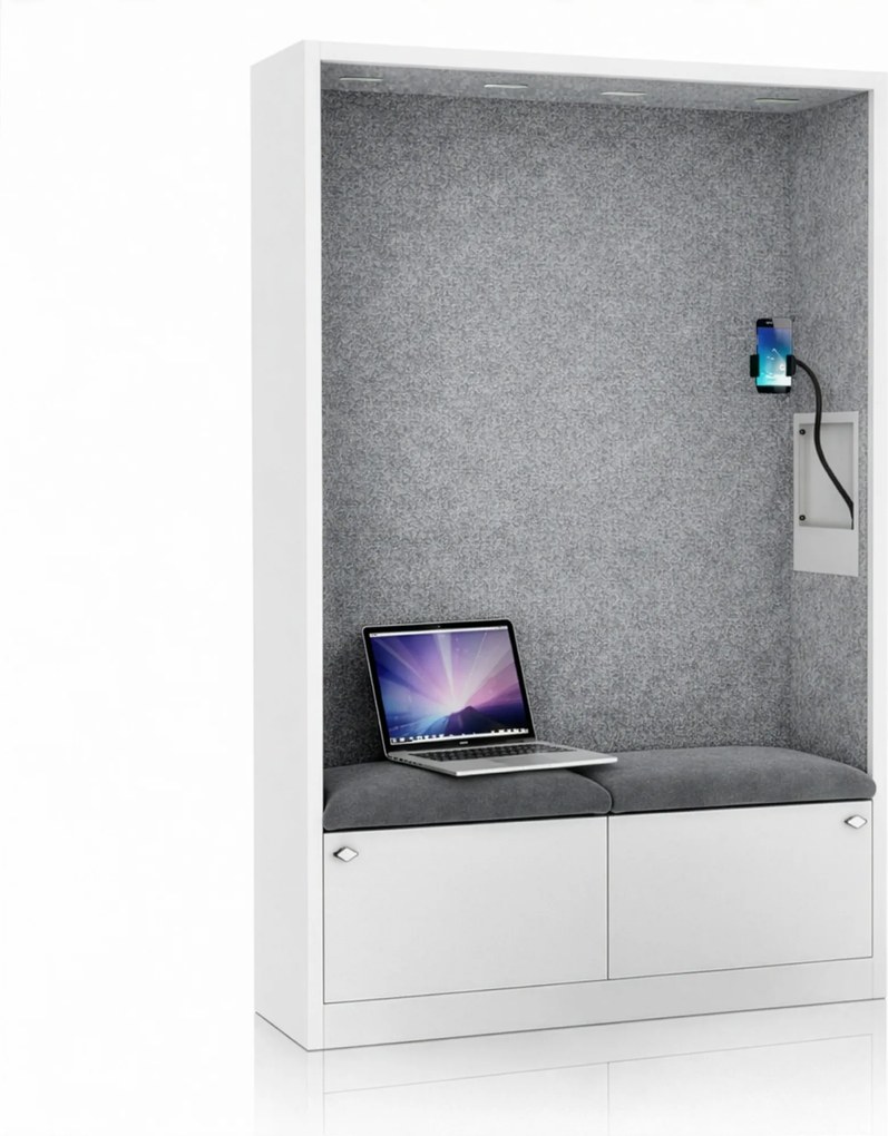 Kancelárska akustická kabína so sedadlom a portom USB-C, telo v biely / sedák sivá v zelenej farbe, 1150 mm: SALLY MentalBox