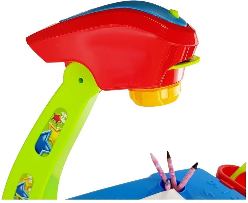 LEAN Toys Zásuvkový vzdelávací stôl s projektorom 36 obrázkov Pastelky Šablóny Modrá červená
