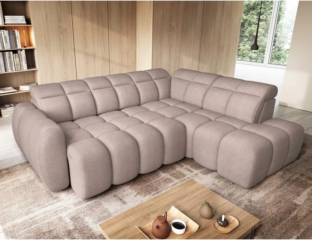 Svetlohnedá rozkladacia/s úložným priestorom rohová pohovka z textílie buklé (pravý roh/do L) Falconn – ELTAP