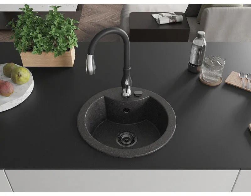 Mexen Diego, 1-komorový granitový drez 488x488x167 mm a drezová batéria Savita, čierna škvrtnitá, 6512-76-672601-70-B