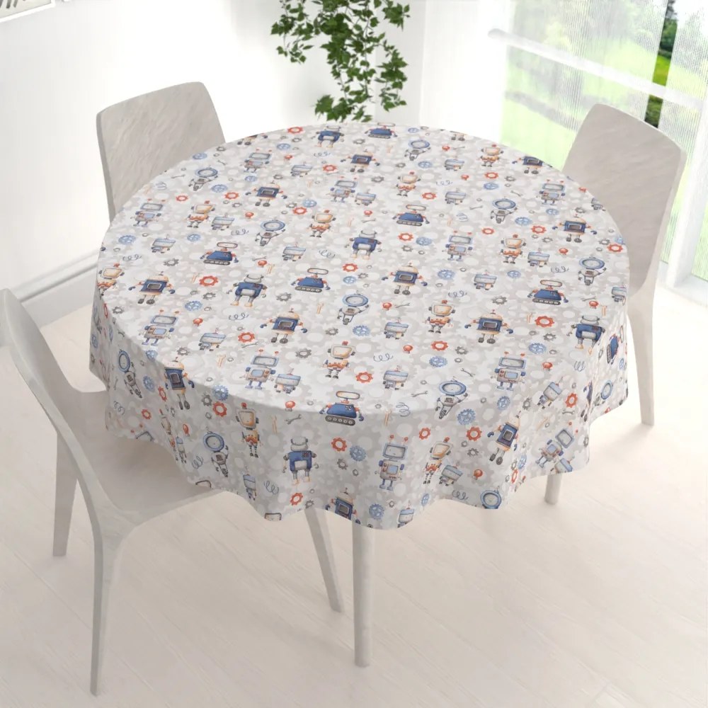 Biante Detský bavlnený okrúhly obrus Sandra SA-584 Svet robotov na sivo-bielom Ø 80 cm