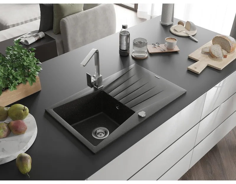 Mexen Cesar, granitový drez 775x470x190 mm, 1-komorový, čierna-zlatá metalíza s chrómovým sifónom a chrómová drezová batéria Rita, 6514-75-670300-00