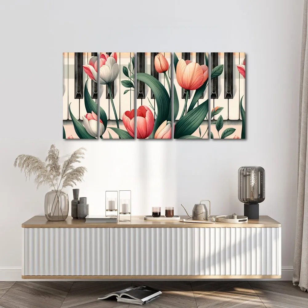 5-dielny obraz klavír a tulipány v kvetinovej symfónii