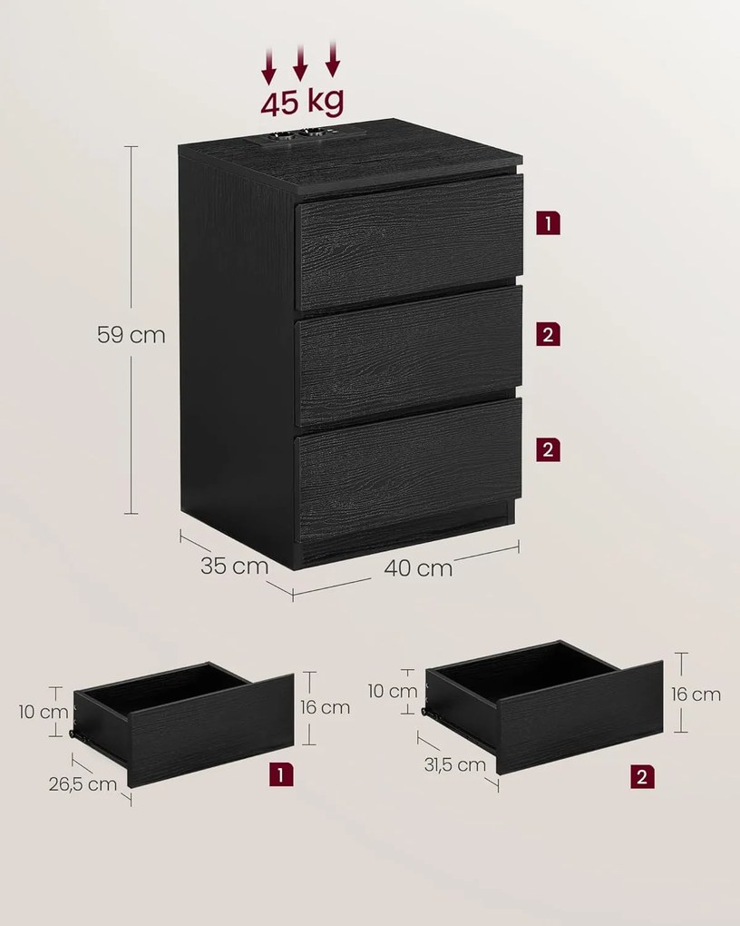 Súprava 2 ks nočných stolíkov Vasagle Girgo so zásuvkou a USB portmi čierna