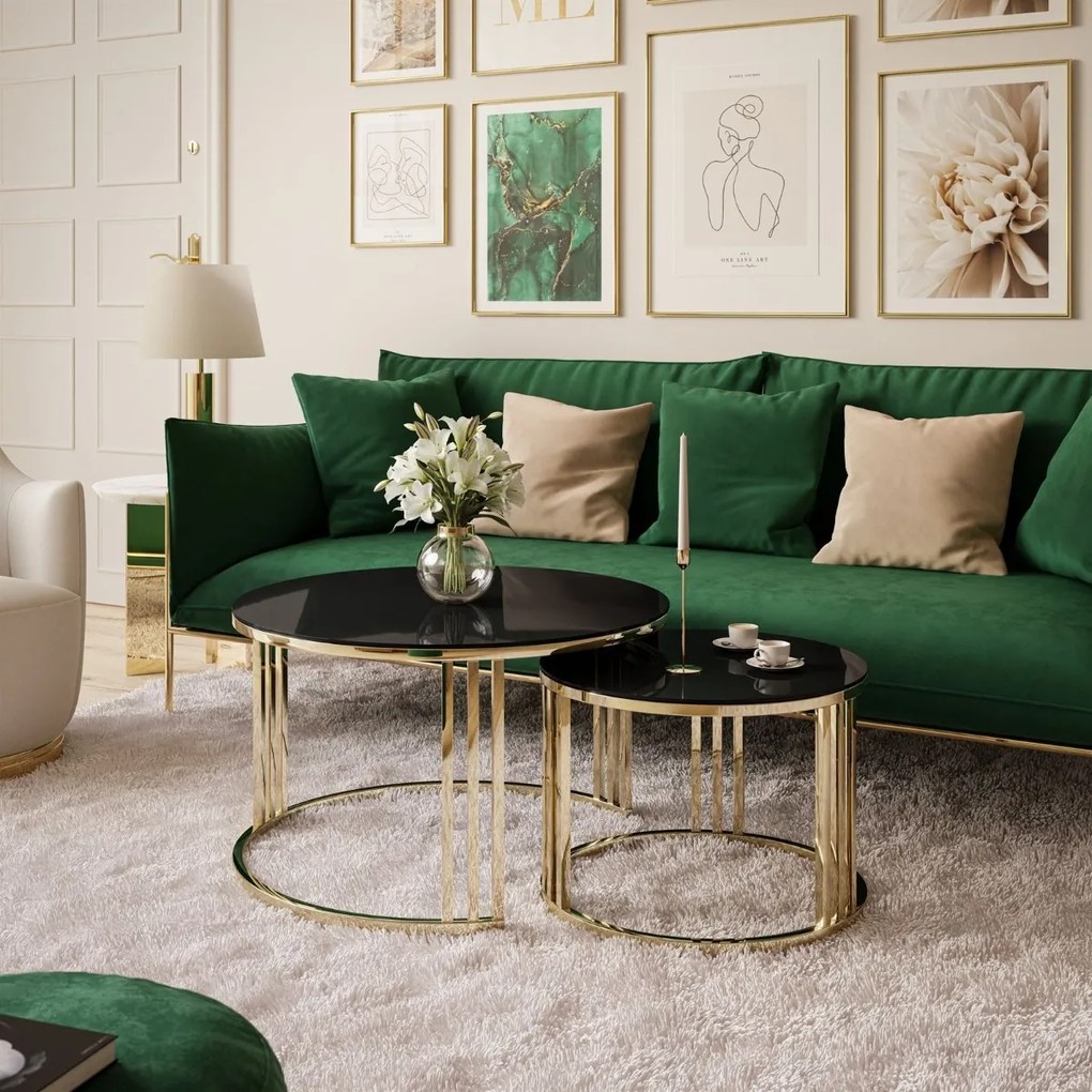 OKRÚHLY KONFERENČNÝ STOLÍK 2v1 LEONARDO 2 GLOSS CHROME ČIERNE SKLO + ZLATÝ