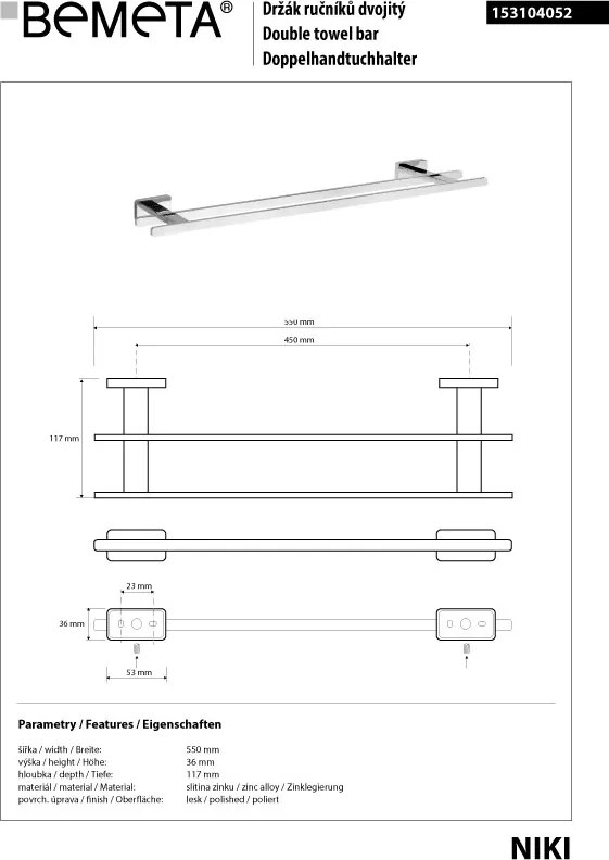 Bemeta Design NIKI: Držiak uterákov, 450 mm, dvojitý - 153104052