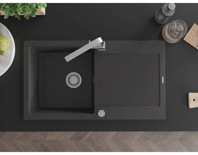 Mexen Leo, drez granitový 900x500x190 mm, 1-komorový, čierna škvrnitá s chrómovým sifónom a chrómová drezová batéria Rita, 6501-76-670300-00