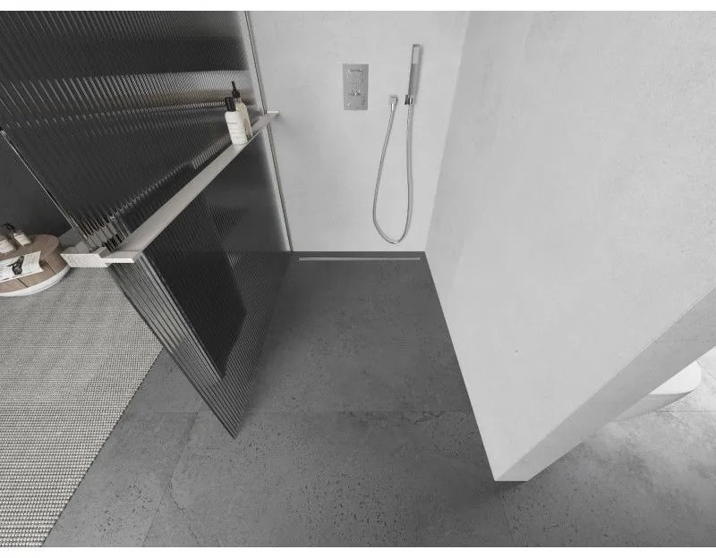 Mexen Kioto+, sprchová zástena Walk-In s poličkou a vešiakom 100 x 200 cm, 8mm sklo s rebrovým vzorom, brúsená oceľ profil, 800-100-121-97-09