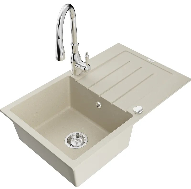 Mexen Bruno, 1-komorový granitový drez 795x495x200 mm a drezová batéria Savita, béžová, 6513-69-672601-00