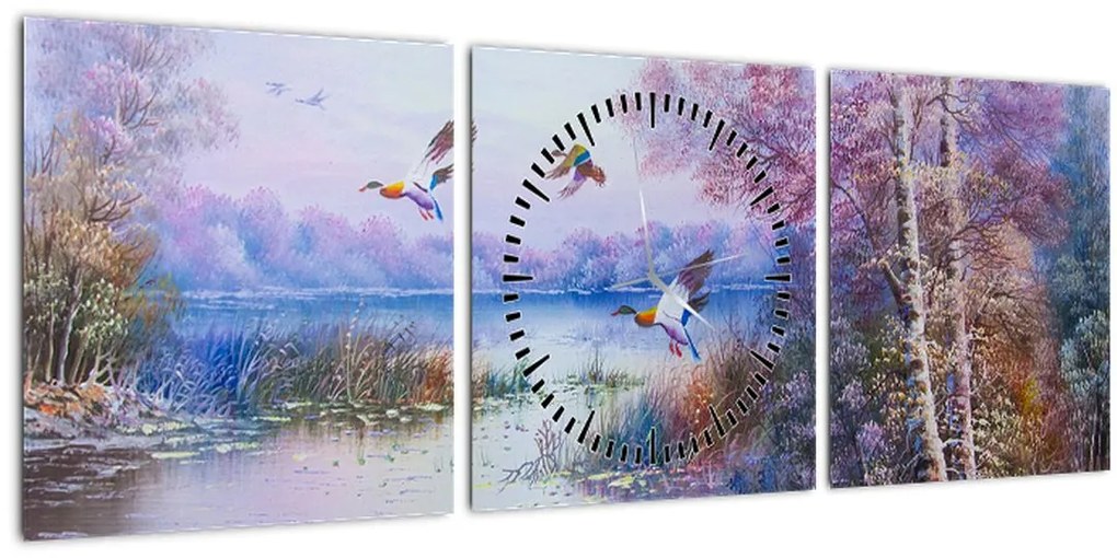 Obraz - Prichádza jeseň, olejomaľba (s hodinami) (90x30 cm)