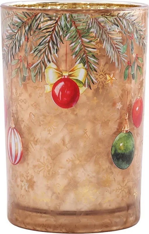 Vianočný lososový sklenený svietnik s ozdobami L - Ø 12*18 cm