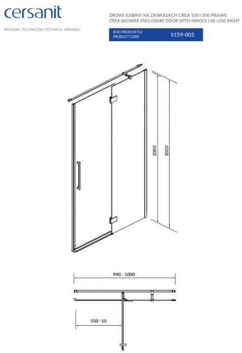 Cersanit Crea, krídlové dvere do otvoru 100X200 cm (pravé), 8mm číre sklo, chrómový profil, S159-002