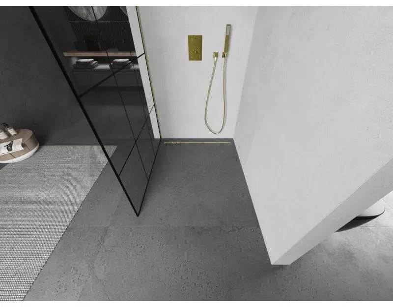 Mexen Kioto L, sprchová zástena Walk-In 100 x 200 cm, 8mm číre sklo čierny vzor, zlatý matný profil, 800-100-103-55-77