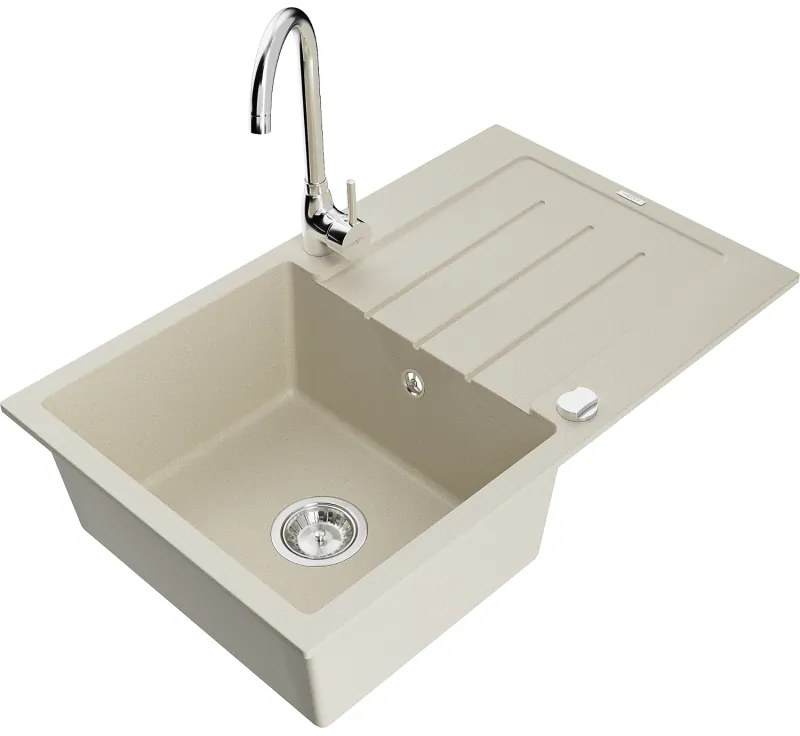 Mexen Bruno, 1-komorový granitový drez s odkvapkávačom 795x495x200 mm a chrómová kuchynská batéria Telma, béžová, 6513-69-670200-00