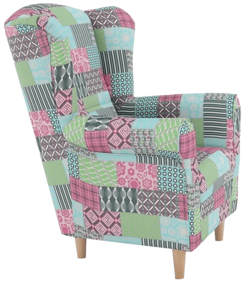 Tempo Kondela Kreslo ušiak, látka patchwork, CHARLOT
