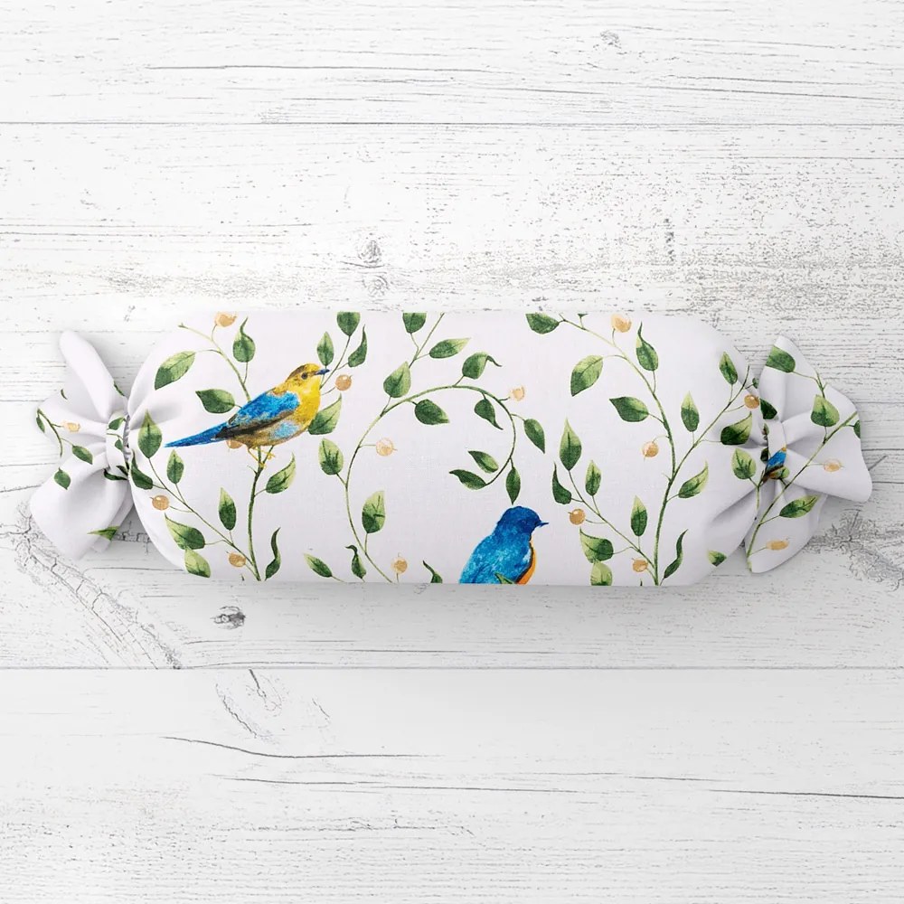 Biante Vankúš valec bonbon Sandra SA-501 Modré vtáky a vetvičky na bielom 15x60 cm
