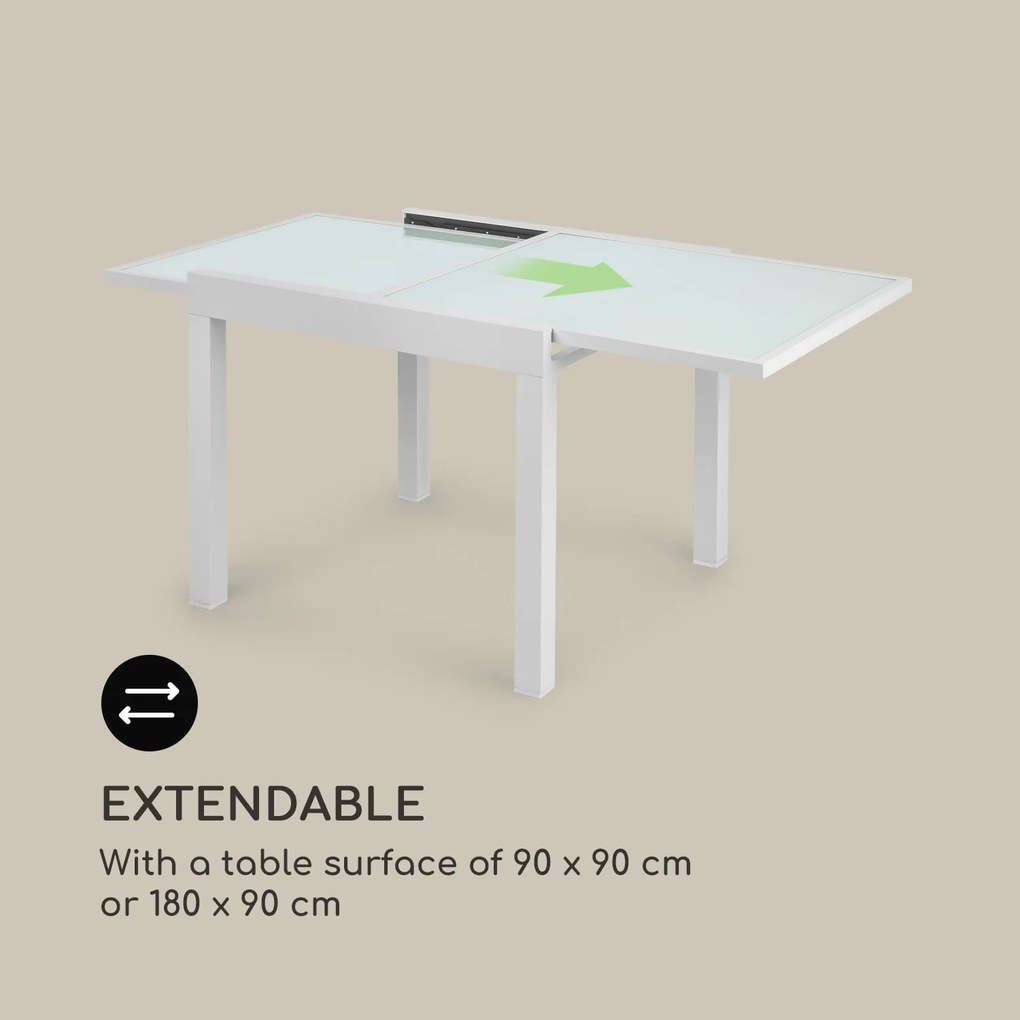 Blumfeldt Pamplona Extension, záhradný stôl, 180 x 83 cm max., hliník, sklo, biely