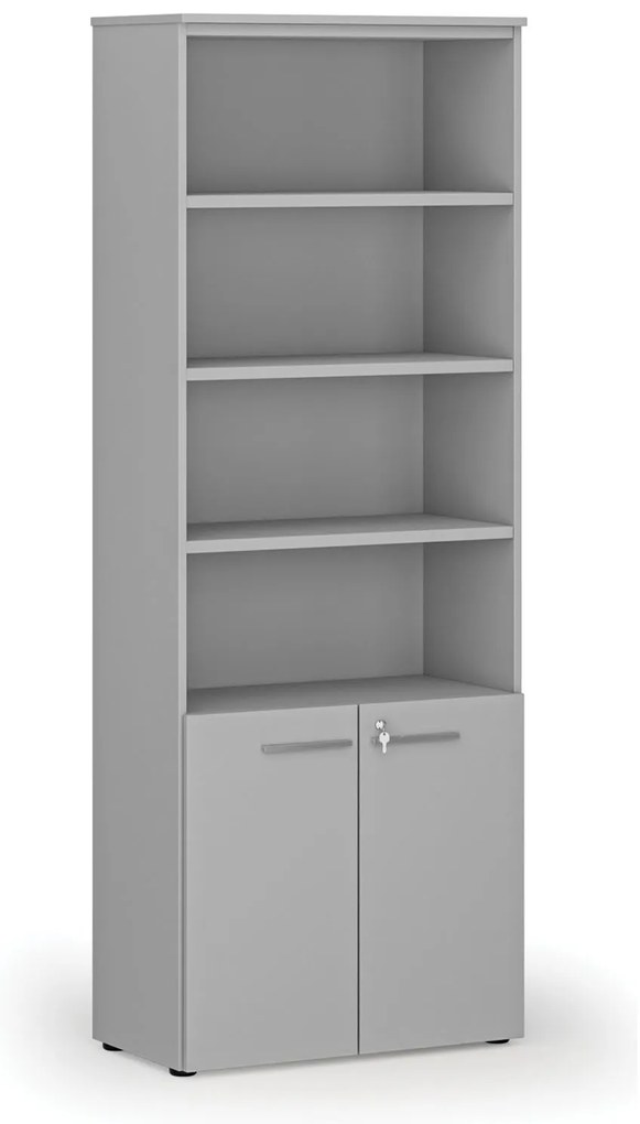 Kombinovaná kancelárska skriňa PRIMO GRAY, dvere na 2 poschodia, 800 x 420 x 2128 mm, sivá