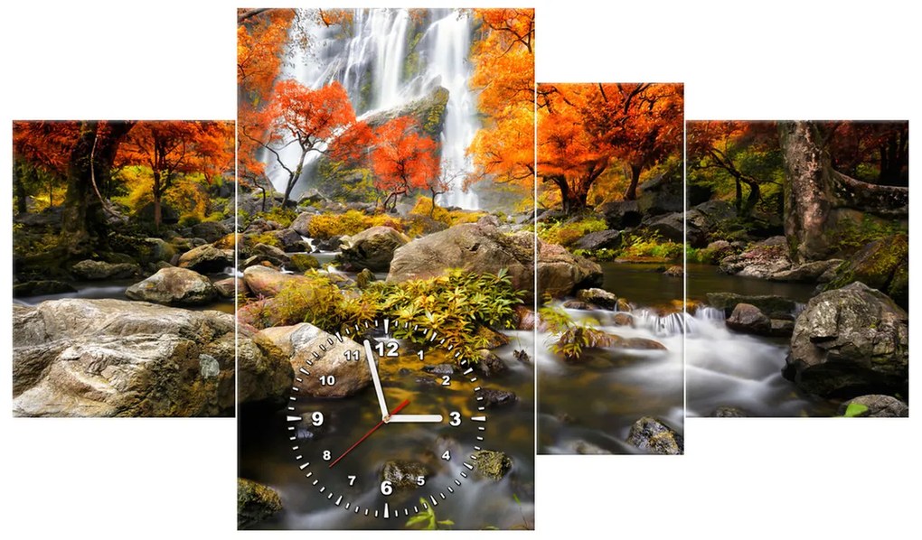 Gario Obraz s hodinami Jesenný vodopád - 4 dielny Rozmery: 120 x 70 cm