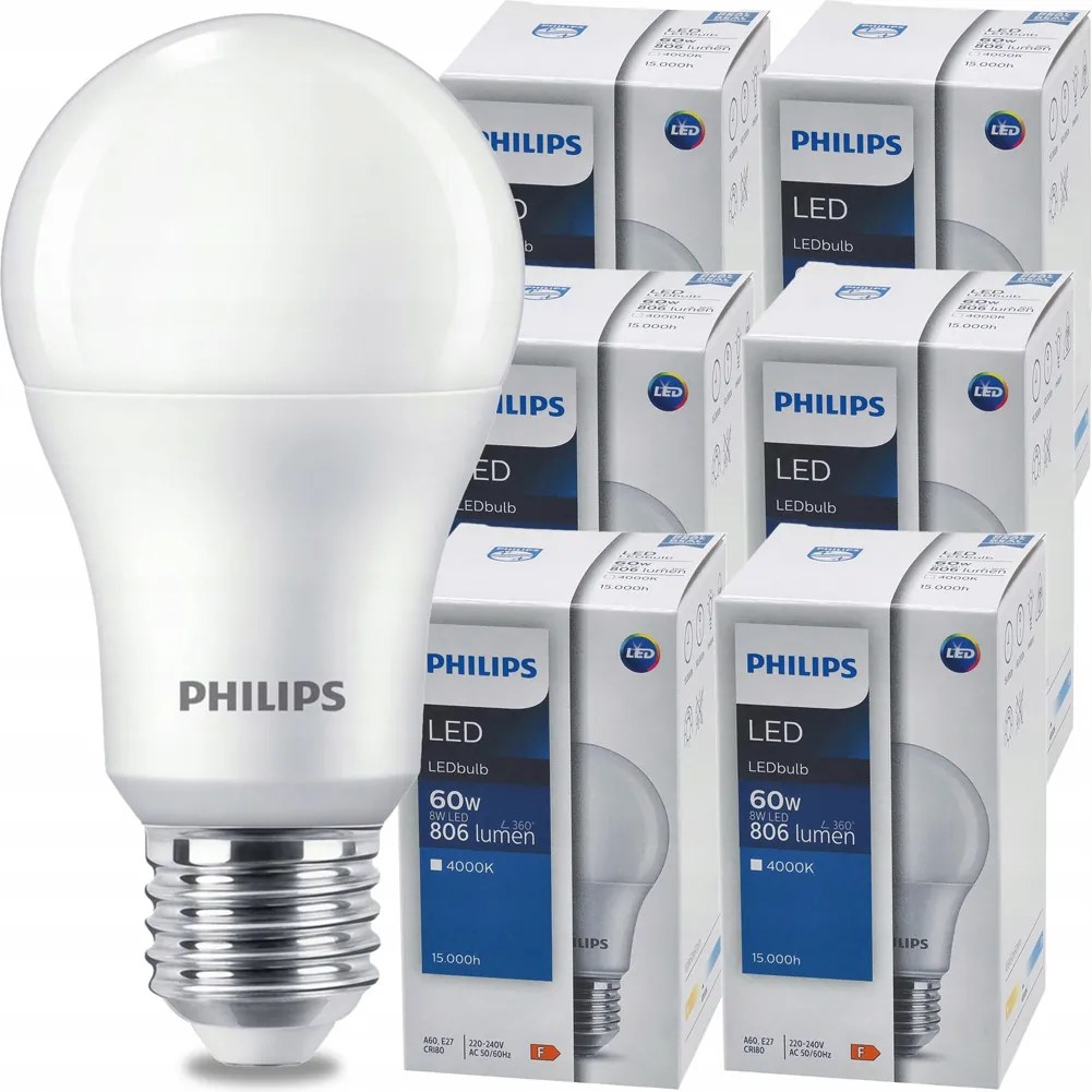 SADA 6 KS LED žiaroviek PHILIPS E27 8W 806lm Neutrálna farba 4000K A60