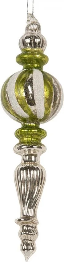 Vianočná sklenená strieborno-zelená ozdoba banka - Ø 5*18 cm