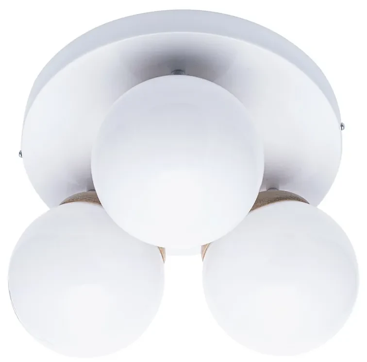 Stropné svietidlo Sfera, 3x biele sklenené tienidlo, w/drevo, o