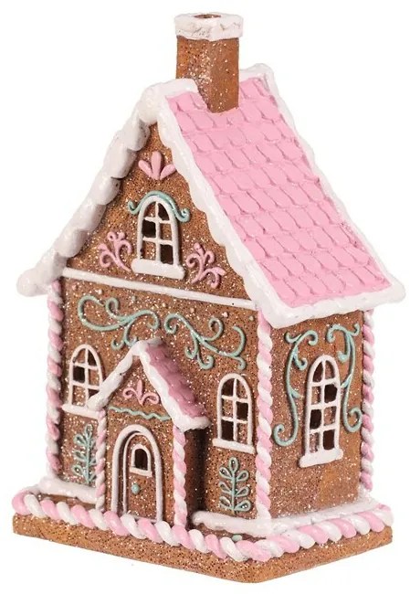 Vianočná dekorácia Perníkový domček s ružovou strechou, polyresin, LED, hnedá