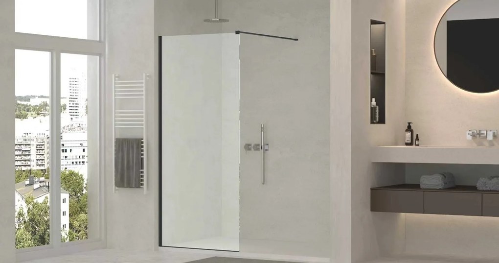 Erga Paris, sprchová zástena Walk-In 130x200 cm, 8mm sklo námraza, čierny profil, ERG-V02-PARIS-130x200-FR-BK