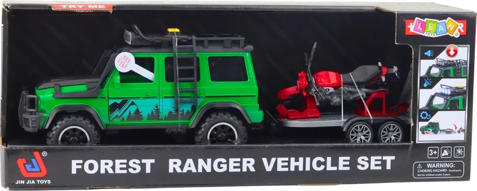 LEAN Toys Sada terénneho vozidla s prívesom a motorkou Svetlá, zvuky Zelená