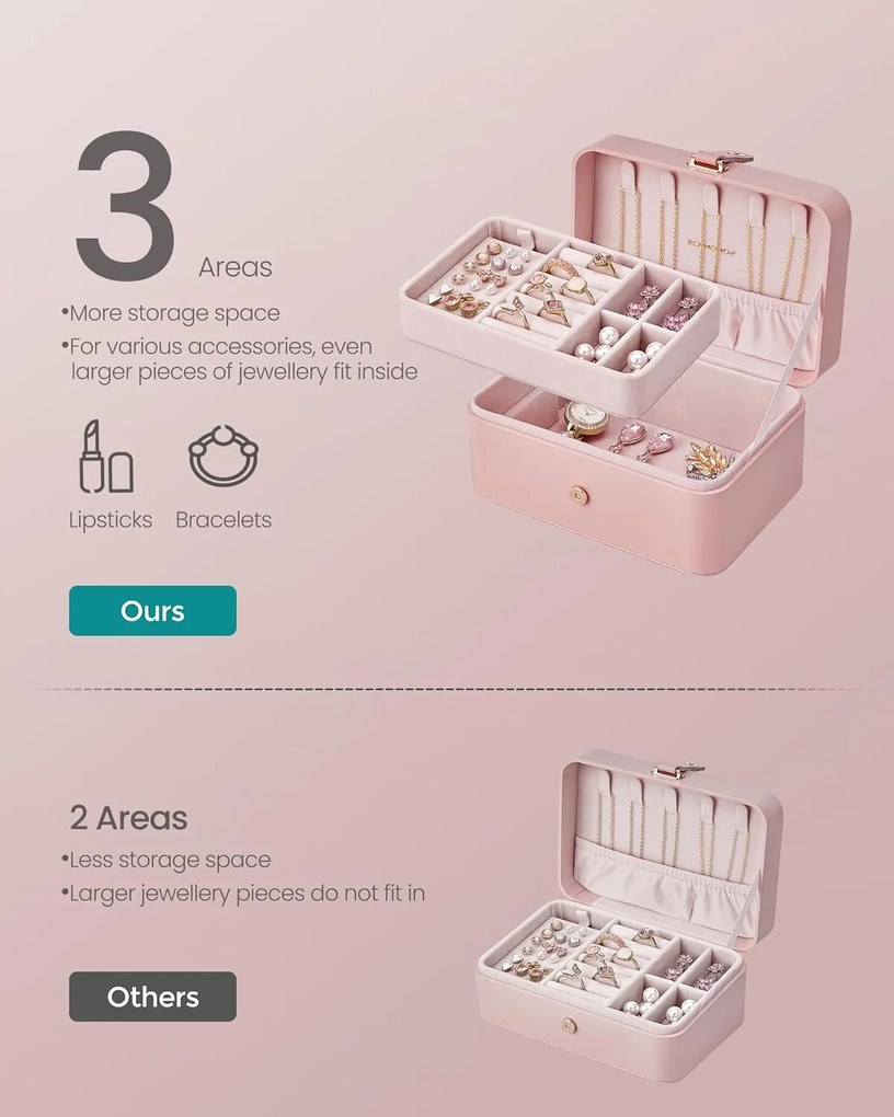 Šperkovnica, 2-poschodová úložná, 11 x 16 x 8 cm, ružová