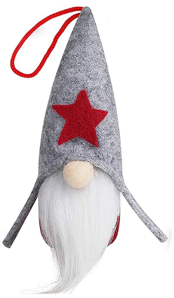 Vianočná závesná ozdoba na stromček - škriatok - 16 cm - šedý s červenou hviezdou