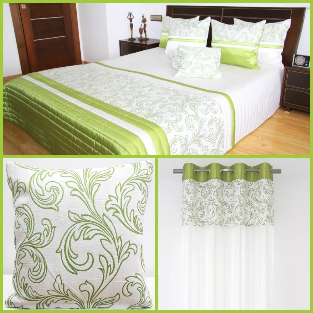 DomTextilu Zelené dekoračné sety do spálne so vzorom  1 prehoz, 2 obliečky na vankúše a 1 záves Zelená 7185 Zelená