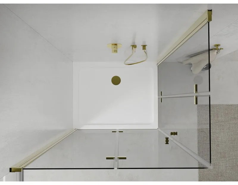 Mexen Lima Duo, sprchový kút so skladacími dverami 90 (dvere) x 80 (dvere) cm, 6mm číre sklo, zlatý profil + slim sprchová vanička biela + zlatý sifón, 856-090-080-50-02-4010G
