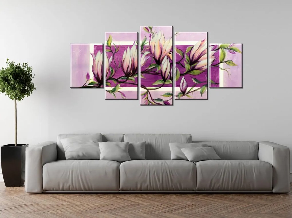 Gario Ručne maľovaný obraz Sladké magnólie - 5 dielny Rozmery: 150 x 70 cm