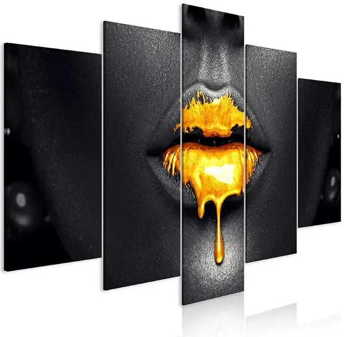 Obraz - Gold Lips (5 Parts) Wide Veľkosť: 200x100, Verzia: Na talianskom plátne