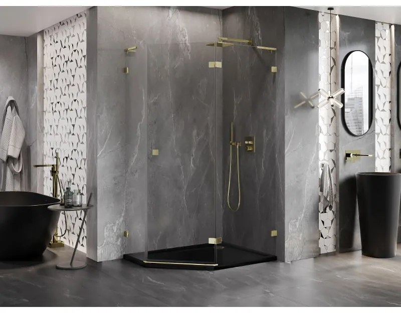 Mexen Lunar, L pravý výklopný päťuholníkový sprchový kút 90 x 80 cm, 8mm číre sklo, zlatý profil, 831L-090P-080L-50-00-P