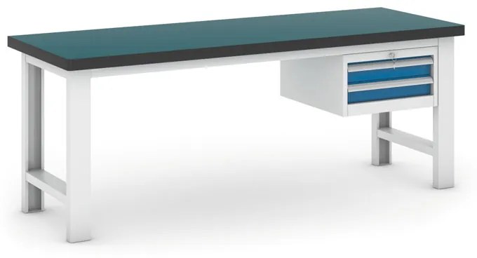 Pracovný stôl do dielne GB so závesným boxom na náradie, 2 zásuvky, 2100 mm