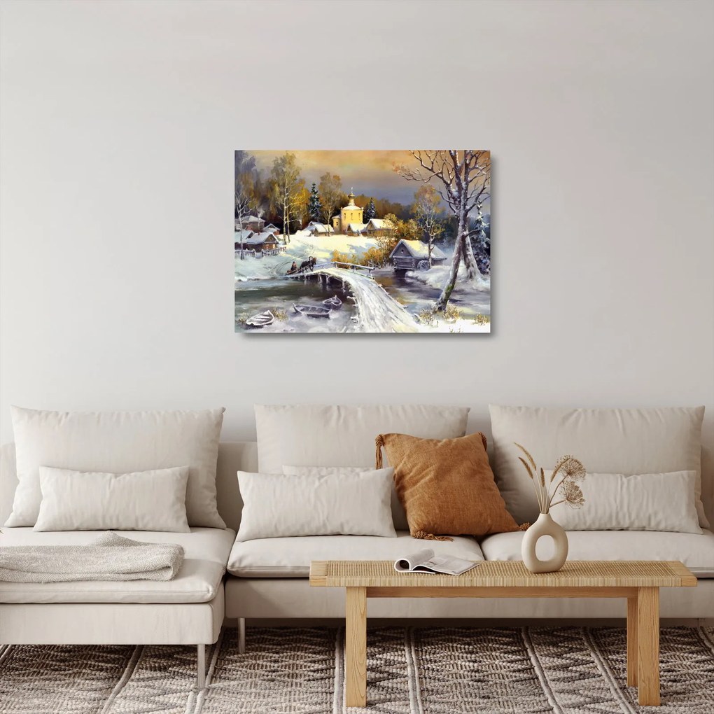 Sklenený obraz - Zimné mestečko (70x50 cm)