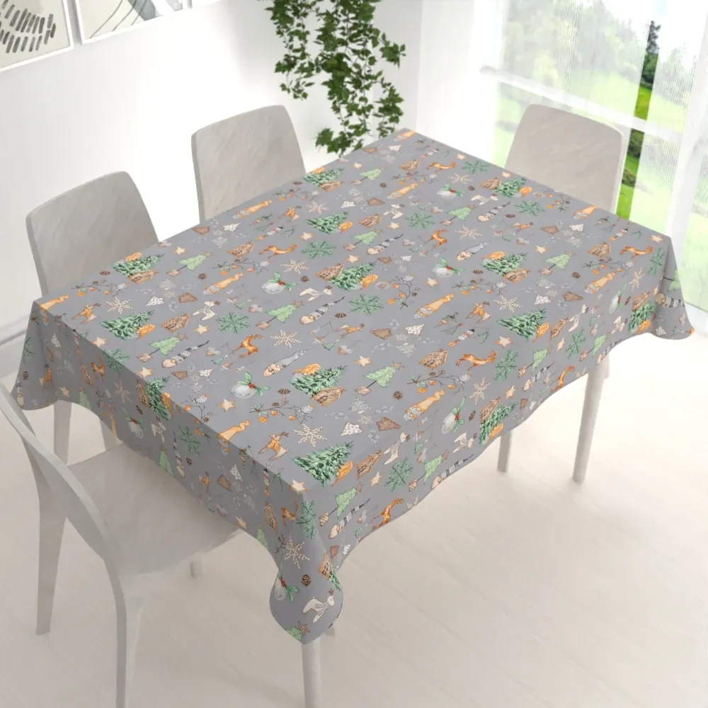 Biante Vianočný bavlnený obdĺžnikový obrus Sandra SA-509 Vianoční škriatkovia a ozdoby na sivom 120x140 cm